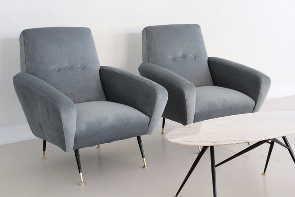 Italian Armchairs in Blue Grey Velvet, 1950s, Set of 2-VNE-1823563