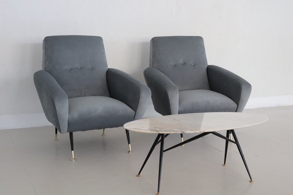 Italian Armchairs in Blue Grey Velvet, 1950s, Set of 2-VNE-1823563