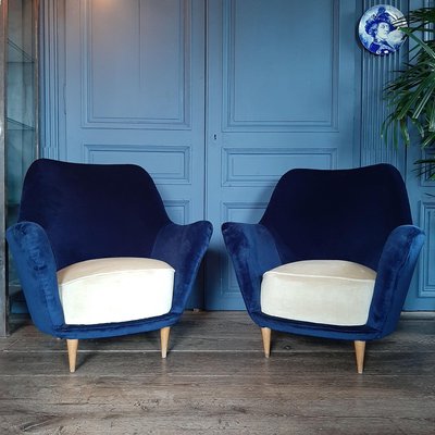 Italian Armchairs in Cobalt Blue and Cream, 1960, Set of 2-TDA-1376436