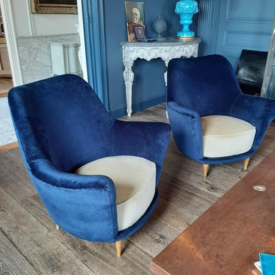 Italian Armchairs in Cobalt Blue and Cream, 1960, Set of 2-TDA-1376436