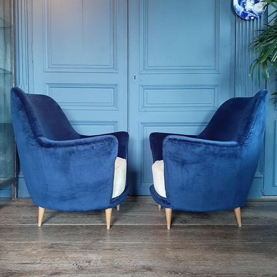 Italian Armchairs in Cobalt Blue and Cream, 1960, Set of 2-TDA-1376436