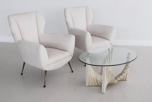 Italian Armchairs in White Velvet in Gigi Radice Style, 1950s, Set of 2-VNE-997492