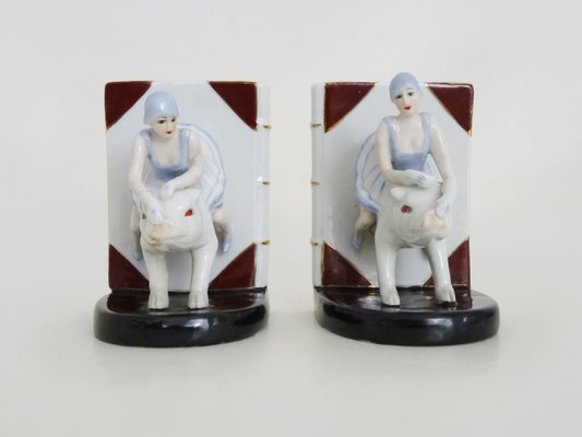 Italian Art Deco Bookends Woman on Ceramic Pig, 1930s-MZP-2026852