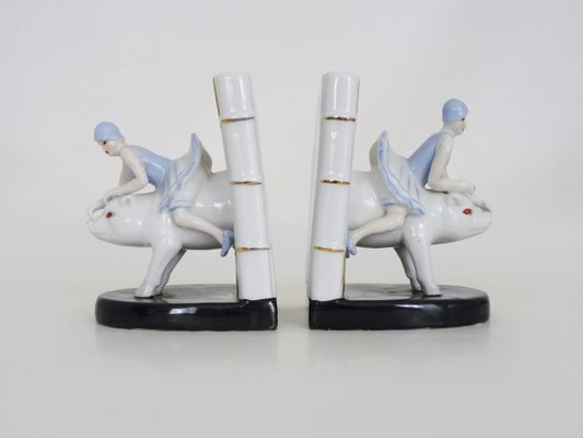 Italian Art Deco Bookends Woman on Ceramic Pig, 1930s-MZP-2026852