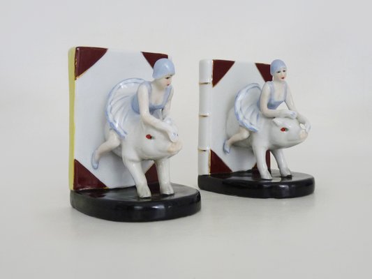 Italian Art Deco Bookends Woman on Ceramic Pig, 1930s-MZP-2026852