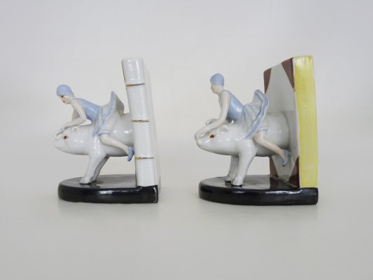 Italian Art Deco Bookends Woman on Ceramic Pig, 1930s-MZP-2026852