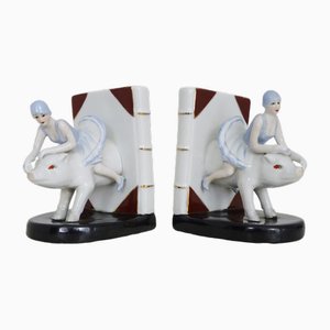 Italian Art Deco Bookends Woman on Ceramic Pig, 1930s-MZP-2026852