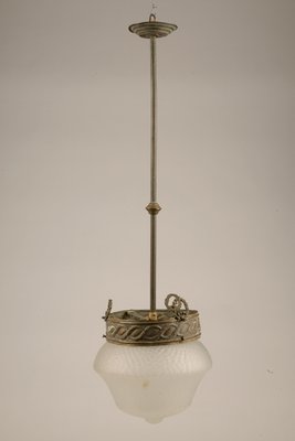 Italian Art Deco Brass & Frosted Glass Ceiling Lamp, 1920s-RAQ-594916