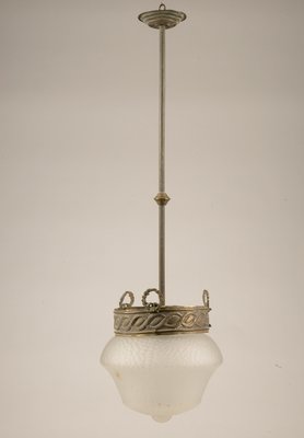 Italian Art Deco Brass & Frosted Glass Ceiling Lamp, 1920s-RAQ-594916