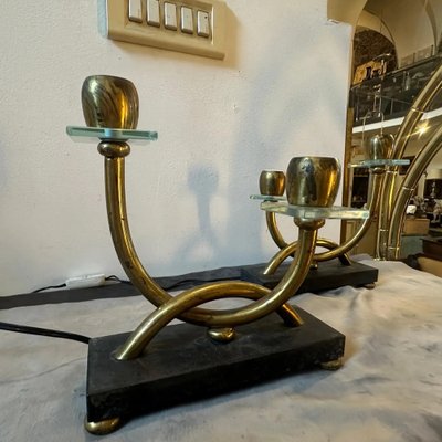 Italian Art Deco Brass, Marble and Glass Table Lamps in the style of Gio Ponti, 1930s, Set of 2-NMK-1785874