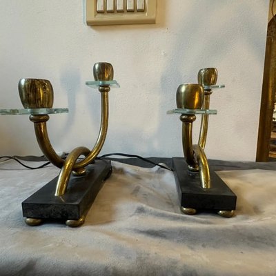 Italian Art Deco Brass, Marble and Glass Table Lamps in the style of Gio Ponti, 1930s, Set of 2-NMK-1785874