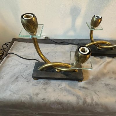 Italian Art Deco Brass, Marble and Glass Table Lamps in the style of Gio Ponti, 1930s, Set of 2-NMK-1785874