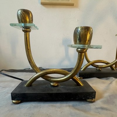 Italian Art Deco Brass, Marble and Glass Table Lamps in the style of Gio Ponti, 1930s, Set of 2-NMK-1785874