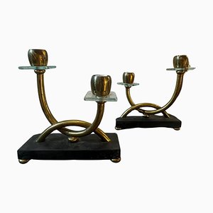 Italian Art Deco Brass, Marble and Glass Table Lamps in the style of Gio Ponti, 1930s, Set of 2-NMK-1785874