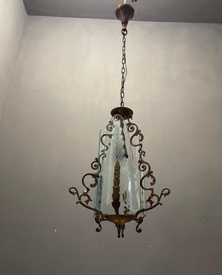 Italian Art Deco Bronze and Etched Glass Pendant Lamp-JJC-1123853