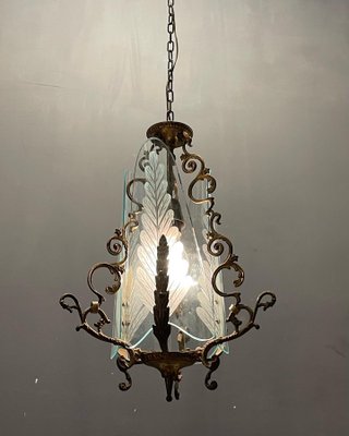 Italian Art Deco Bronze and Etched Glass Pendant Lamp-JJC-1123853