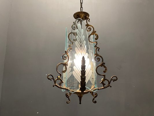 Italian Art Deco Bronze and Etched Glass Pendant Lamp-JJC-1123853