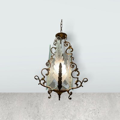 Italian Art Deco Bronze and Etched Glass Pendant Lamp-JJC-1123853