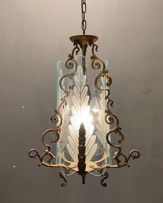 Italian Art Deco Bronze and Etched Glass Pendant Lamp-JJC-1123853