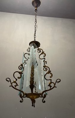 Italian Art Deco Bronze and Etched Glass Pendant Lamp-JJC-1123853