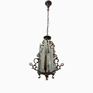 Italian Art Deco Bronze and Etched Glass Pendant Lamp-JJC-1123853