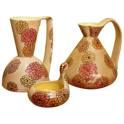 Italian Art Deco Ceramic Jug, Pitcher and Tray Set with Floral Patterns from Lenci, 1930s, Set of 3-AXE-1433453