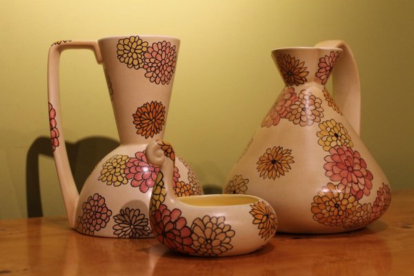 Italian Art Deco Ceramic Jug, Pitcher and Tray Set with Floral Patterns from Lenci, 1930s, Set of 3-AXE-1433453