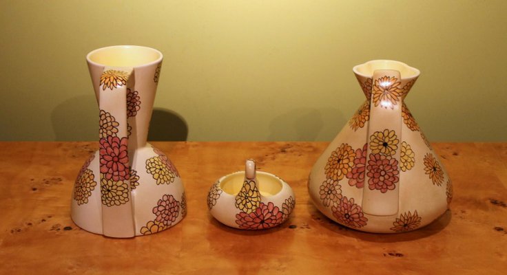 Italian Art Deco Ceramic Jug, Pitcher and Tray Set with Floral Patterns from Lenci, 1930s, Set of 3-AXE-1433453