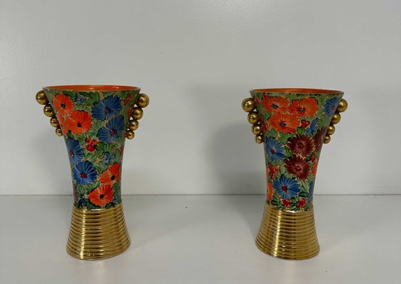 Italian Art Deco Flowers Painted Ceramic Vases, 1940s, Set of 2-FF-2028430