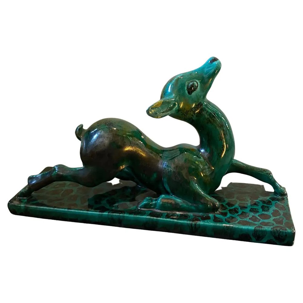 Italian Art Deco Green Ceramic Sculpture of a Fawn by Egisto Fantechi, 1930s