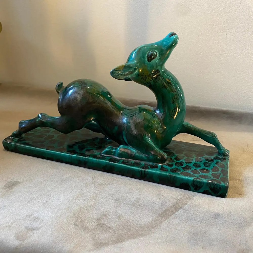 Italian Art Deco Green Ceramic Sculpture of a Fawn by Egisto Fantechi, 1930s