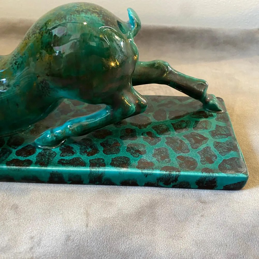 Italian Art Deco Green Ceramic Sculpture of a Fawn by Egisto Fantechi, 1930s