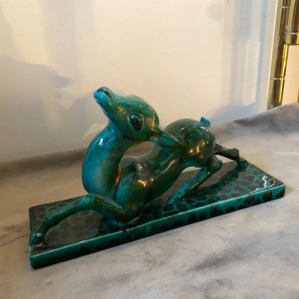 Italian Art Deco Green Ceramic Sculpture of a Fawn by Egisto Fantechi, 1930s