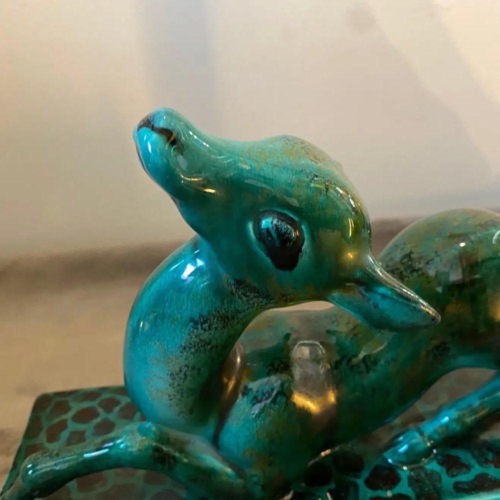 Italian Art Deco Green Ceramic Sculpture of a Fawn by Egisto Fantechi, 1930s