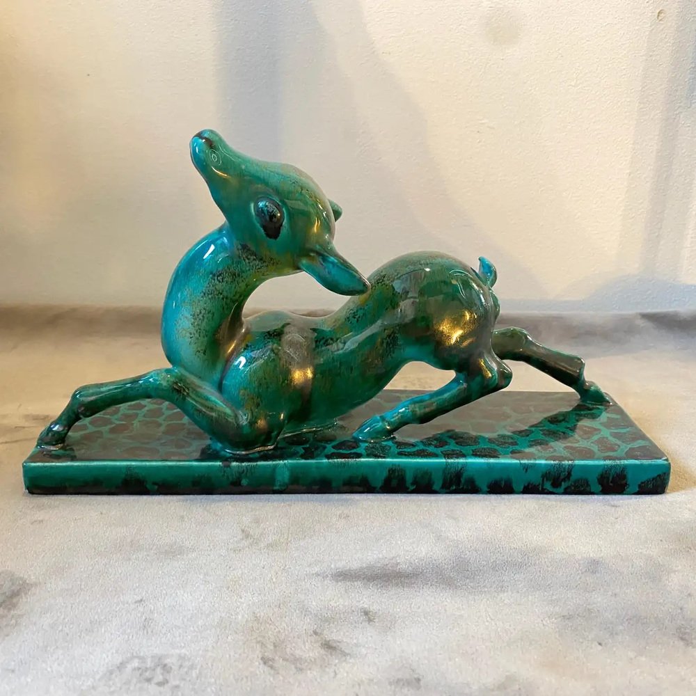 Italian Art Deco Green Ceramic Sculpture of a Fawn by Egisto Fantechi, 1930s