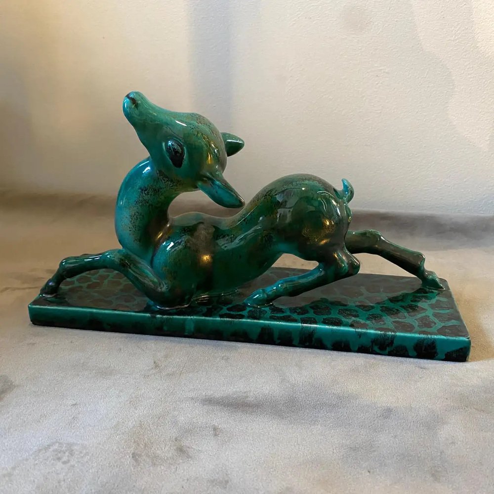 Italian Art Deco Green Ceramic Sculpture of a Fawn by Egisto Fantechi, 1930s