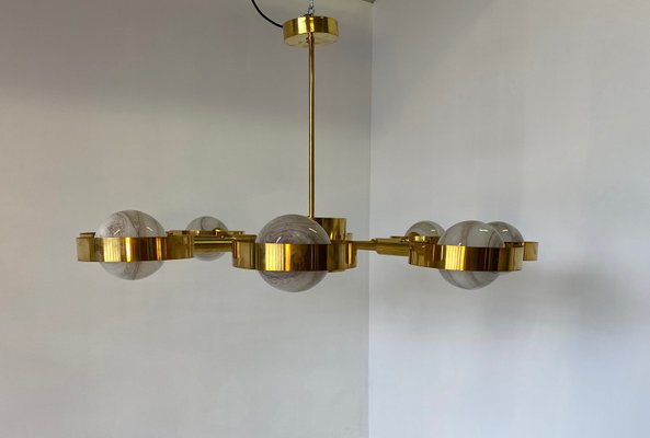 Italian Art Deco Murano Glass & Brass Ceiling Lamp-FF-1177000