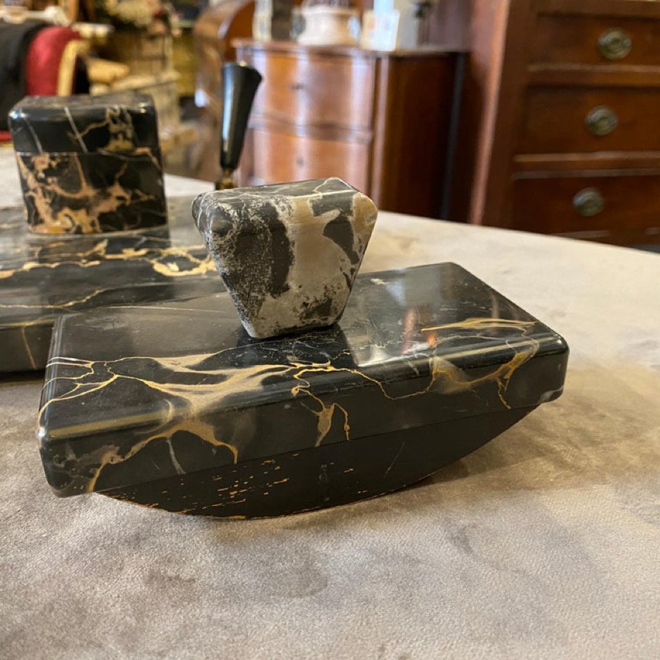 Italian Art Deco Portoro Marble Desk Set, 1930s, Set of 2