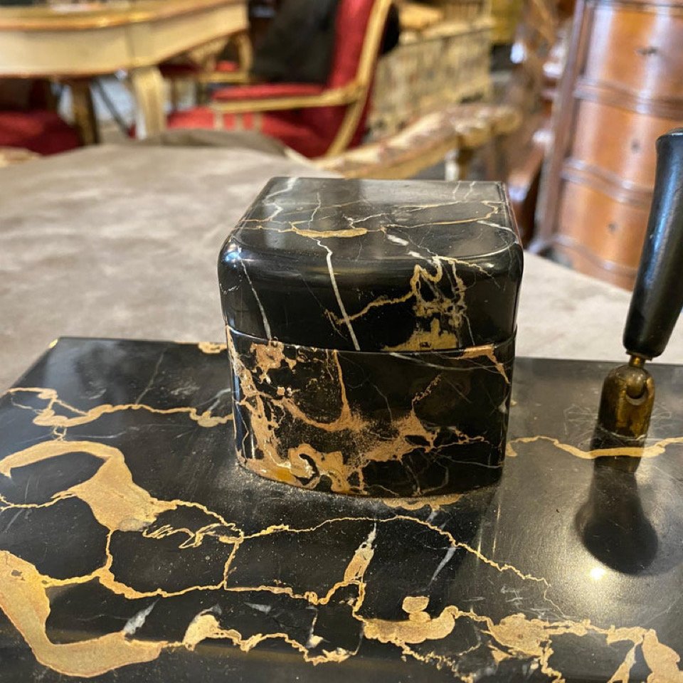 Italian Art Deco Portoro Marble Desk Set, 1930s, Set of 2