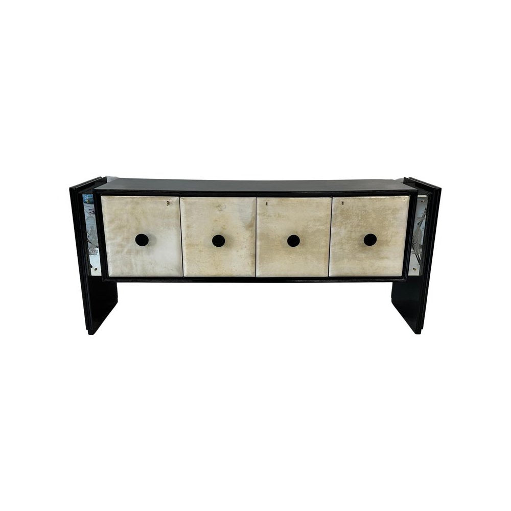 Italian Art Deco Sandblasted Mirrors and Black Sideboard, 1940s