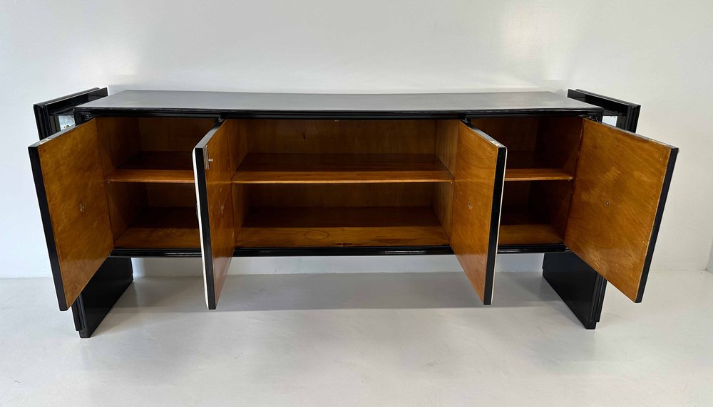 Italian Art Deco Sandblasted Mirrors and Black Sideboard, 1940s