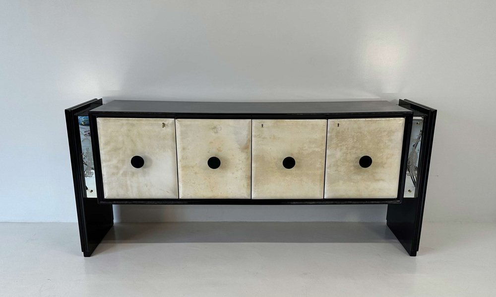 Italian Art Deco Sandblasted Mirrors and Black Sideboard, 1940s