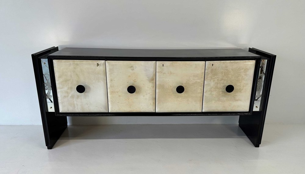 Italian Art Deco Sandblasted Mirrors and Black Sideboard, 1940s