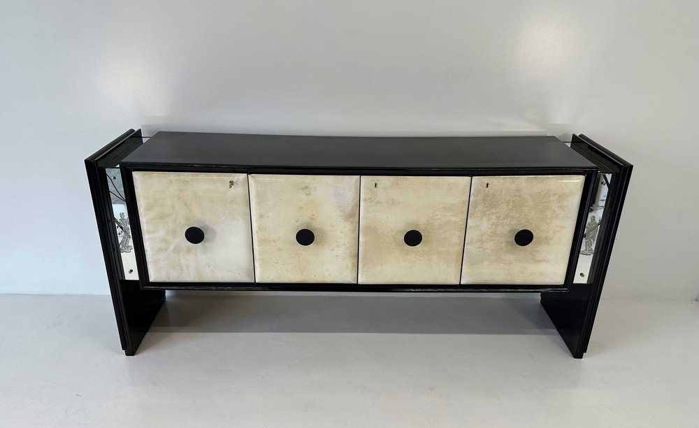 Italian Art Deco Sandblasted Mirrors and Black Sideboard, 1940s