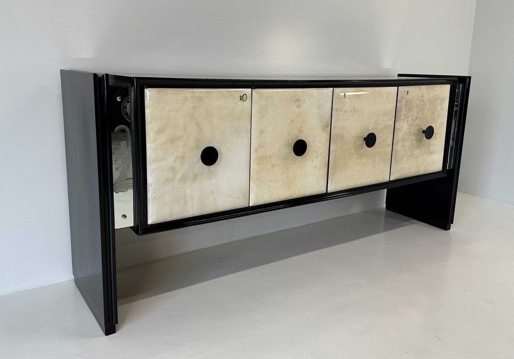 Italian Art Deco Sandblasted Mirrors and Black Sideboard, 1940s