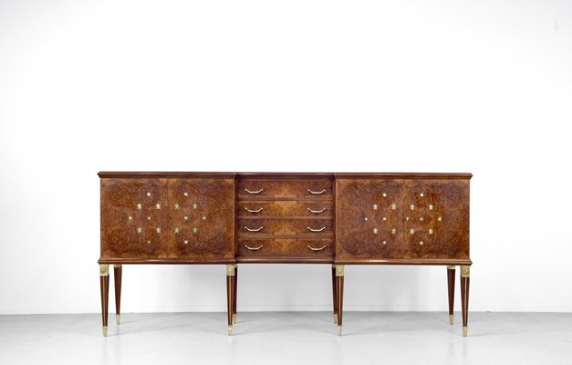 Italian Art Deco Sideboard in Burl Walnut and Brass-DUG-2041278