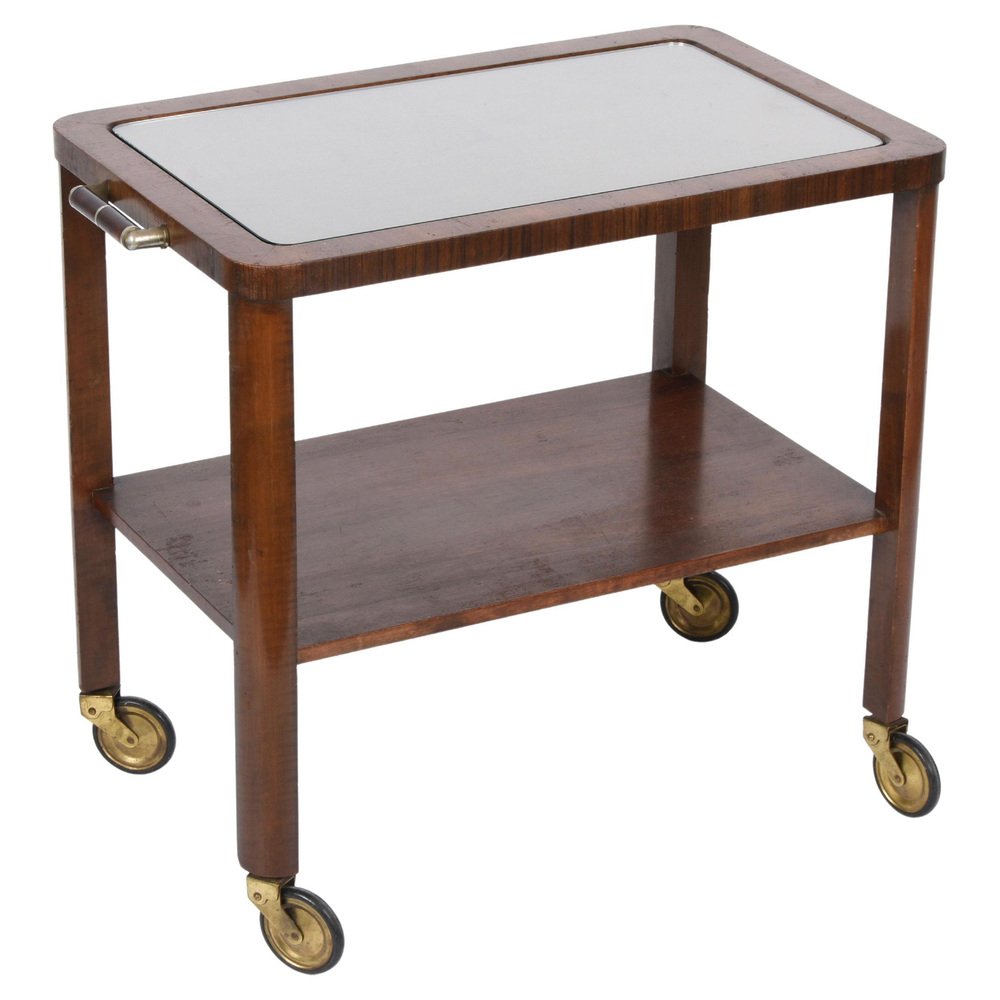 Italian Art Deco Solid Walnut and Glass Two-Tier Trolley Bar, 1940s