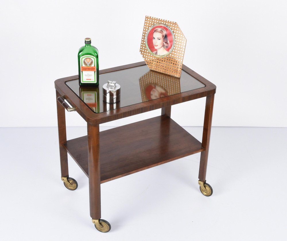 Italian Art Deco Solid Walnut and Glass Two-Tier Trolley Bar, 1940s