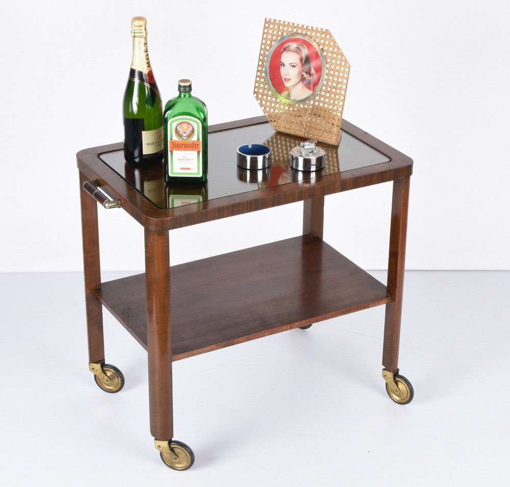 Italian Art Deco Solid Walnut and Glass Two-Tier Trolley Bar, 1940s