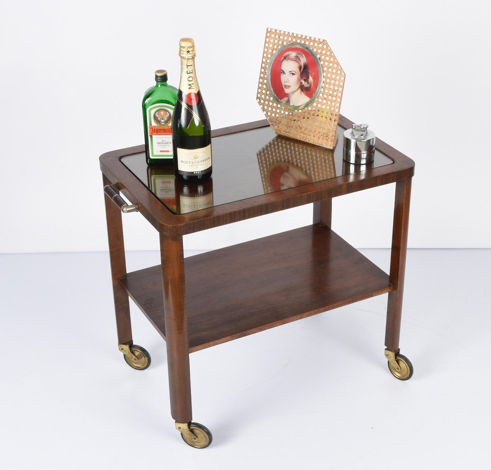 Italian Art Deco Solid Walnut and Glass Two-Tier Trolley Bar, 1940s